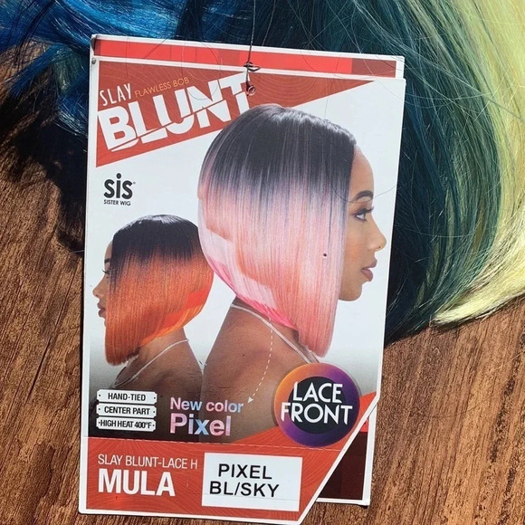 Blunt Bob Lace Front Wig Center Part Blonde, Blue Pixel - Picture 4 of 9